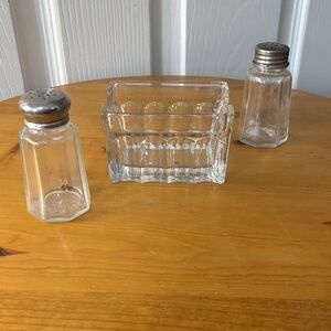 Glass Salt and Pepper Shakers and Packet Holder Set